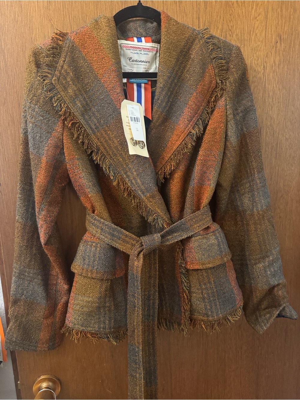 Anthropologie Fringed Plaid Wrap Jacket in Rust, Brown, Gray